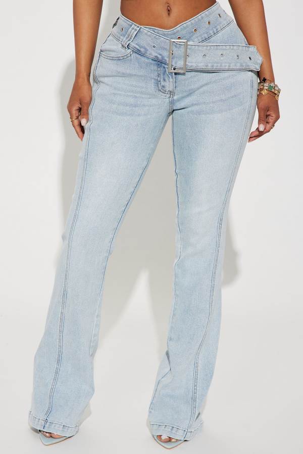 Light Wash Fashion Nova Clap Back Belted Stretch Bootcut Women Jeans USA | 089562HEB