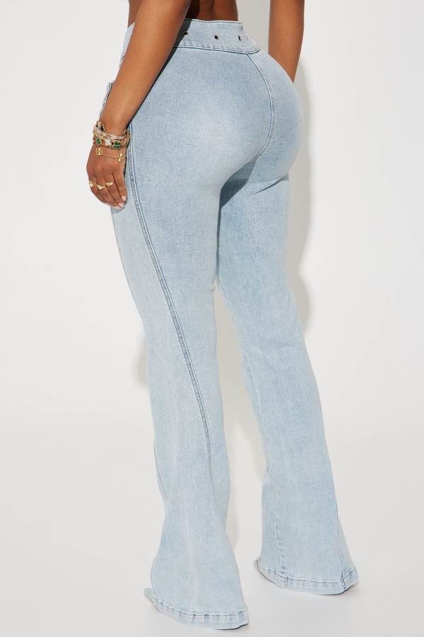 Light Wash Fashion Nova Clap Back Belted Stretch Bootcut Women Jeans USA | 089562HEB