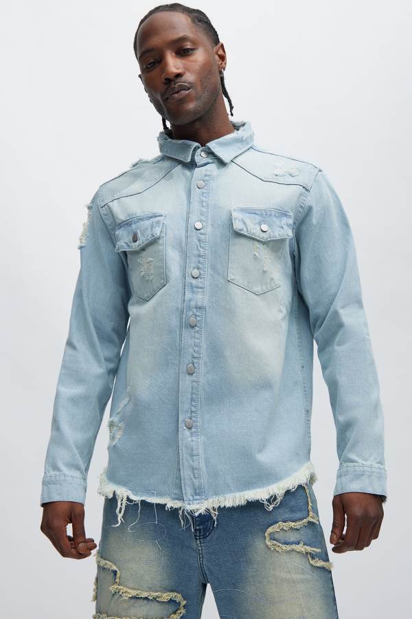 Light Wash Fashion Nova Distressed Denim Woven Top Men Tops USA | 931847QXL