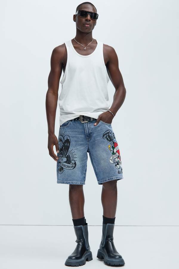 Light Wash Fashion Nova Ed Hardy Skull Skater Denim Men Shorts USA | 814602KZN