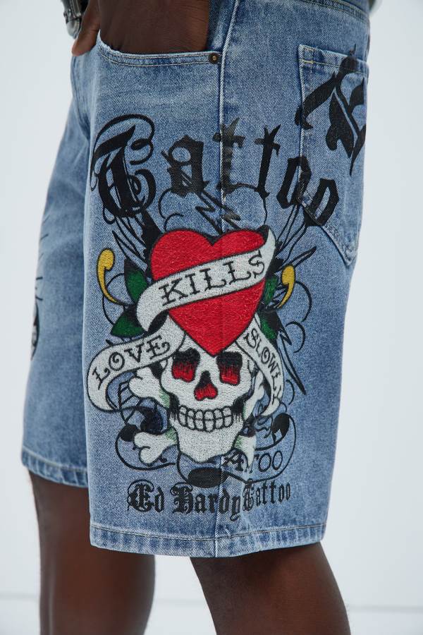 Light Wash Fashion Nova Ed Hardy Skull Skater Denim Men Shorts USA | 814602KZN