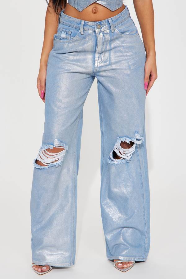 Light Wash Fashion Nova Freja Foil Ripped Baggy Women Jeans USA | 187942ZXH