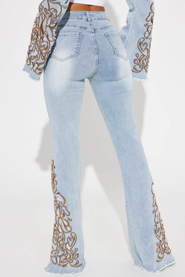 Light Wash Fashion Nova Glow Up Embroidered Stretch Flare Women Jeans USA | 675284UYC