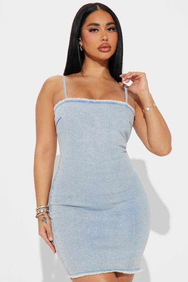 Light Wash Fashion Nova Neesha Embellished Denim Mini Women Dress USA | 026849QDN