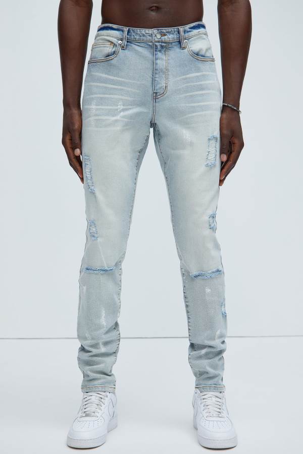 Light Wash Fashion Nova Nicely Paint Ripped Stacked Skinny Flared Men Jeans USA | 231648WZN