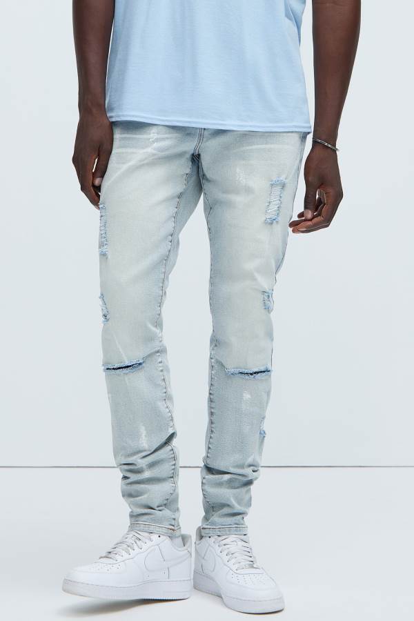 Light Wash Fashion Nova Nicely Paint Ripped Stacked Skinny Flared Men Jeans USA | 231648WZN