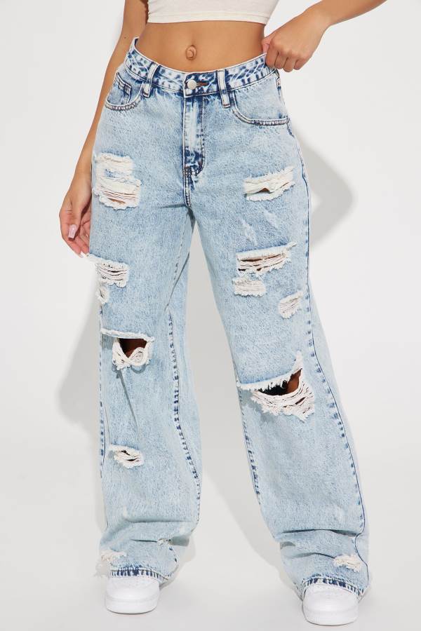 Light Wash Fashion Nova No Regrets Ripped Baggy Wide Leg Women Jeans USA | 485672ZLE