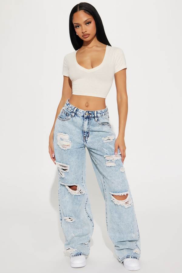 Light Wash Fashion Nova No Regrets Ripped Baggy Wide Leg Women Jeans USA | 485672ZLE