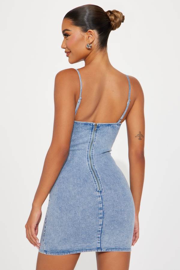 Light Wash Fashion Nova Pixie Denim Micro Mini Women Dress USA | 506897XZH