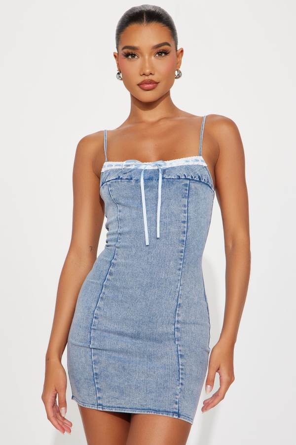 Light Wash Fashion Nova Pixie Denim Micro Mini Women Dress USA | 506897XZH