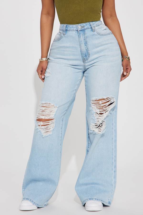 Light Wash Fashion Nova Risking It All Ripped Wide Leg Women Jeans USA | 182963ZOA