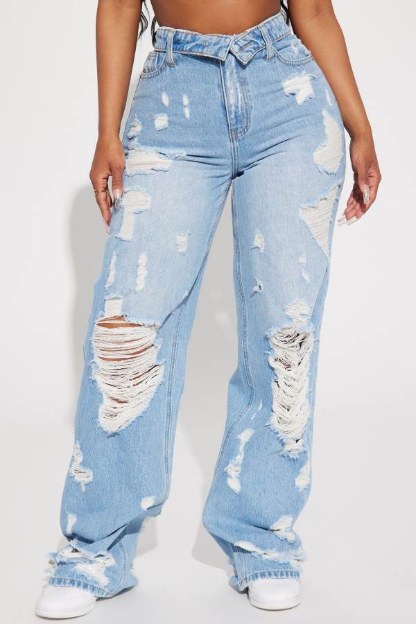 Light Wash Fashion Nova Summer Fling Destroyed Foldover Baggy Women Jeans USA | 687024MDO