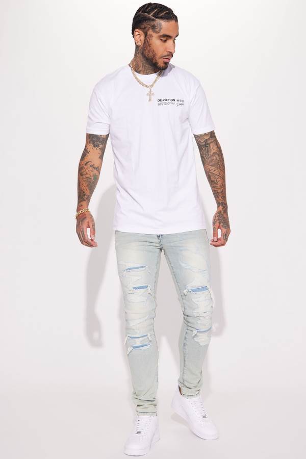 Light Wash Fashion Nova Trying To Chill Ripped Stacked Skinny Men Jeans USA | 032761XYH