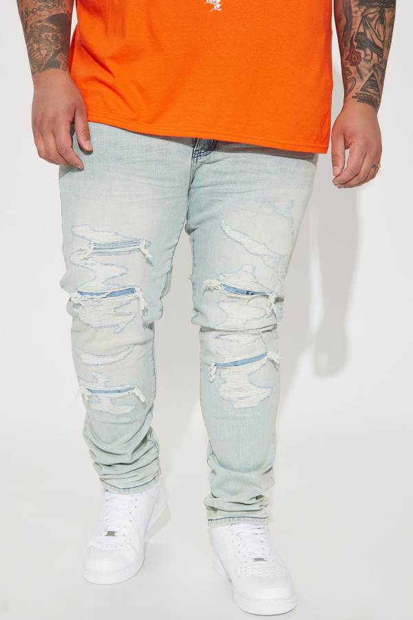 Light Wash Fashion Nova Trying To Chill Ripped Stacked Skinny Men Jeans USA | 032761XYH