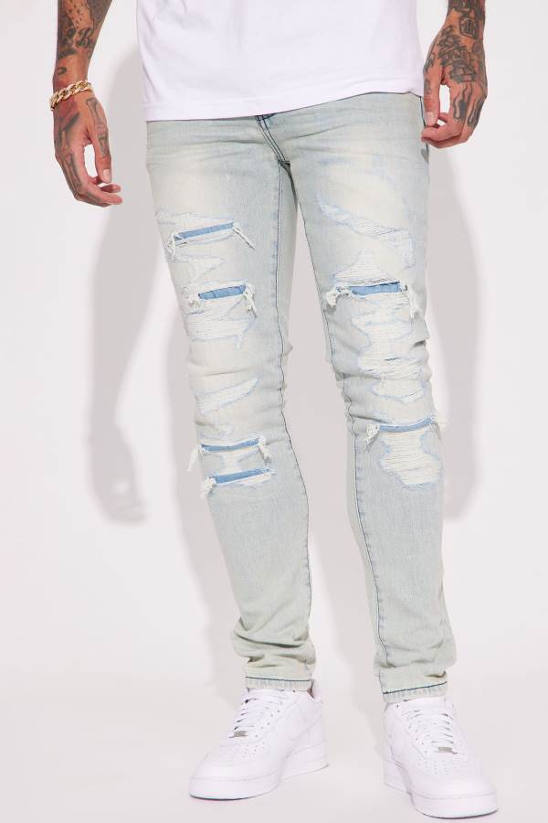 Light Wash Fashion Nova Trying To Chill Ripped Stacked Skinny Men Jeans USA | 032761XYH