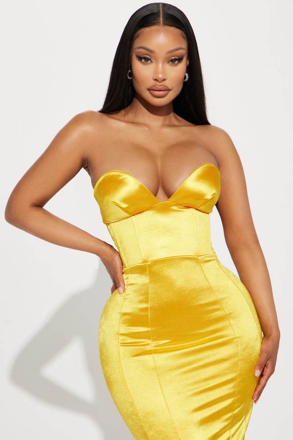 Mustard Fashion Nova Charlotte Shiny Maxi Women Dress USA | 295748JKO