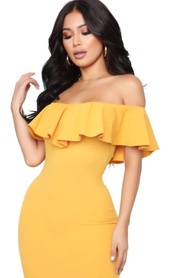 Mustard Fashion Nova Moments Like This Ruffle Women Dress USA | 634598KLE