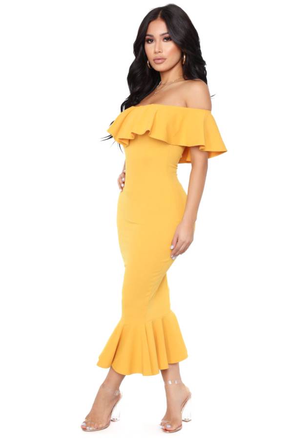 Mustard Fashion Nova Moments Like This Ruffle Women Dress USA | 634598KLE