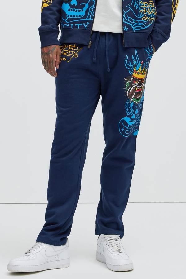 Navy Fashion Nova Ed Hardy Panther Bulldog Men Sweatpants USA | 651490DYQ