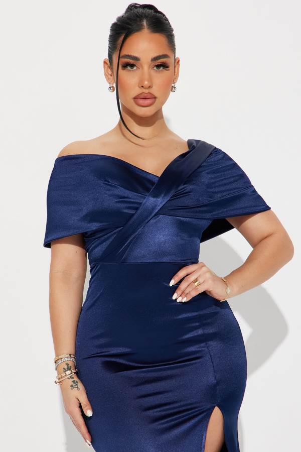 Navy Fashion Nova Jackie Satin Maxi Women Dress USA | 843902YGK