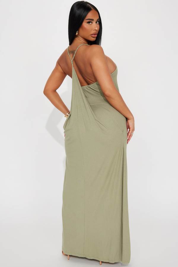 Olive Fashion Nova Come This Way Ribbed Maxi Women Dress USA | 074612FBX