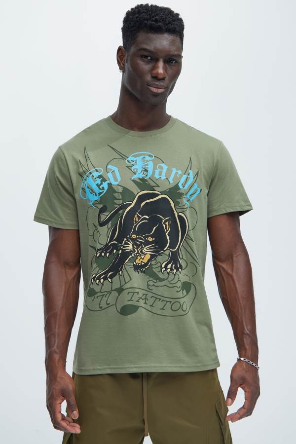 Olive Fashion Nova Ed Hardy Crouching Panther Tattoo Short Sleeve Men T-Shirt USA | 124087UFA