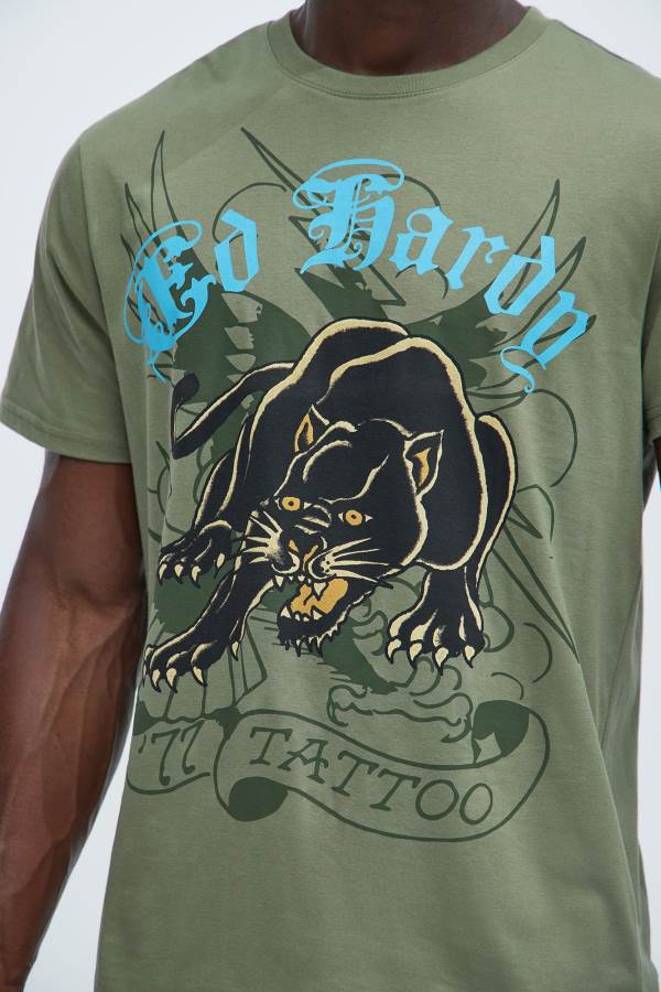 Olive Fashion Nova Ed Hardy Crouching Panther Tattoo Short Sleeve Men T-Shirt USA | 124087UFA