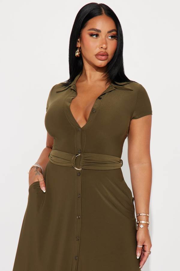 Olive Fashion Nova Elise Button Up Midi Women Dress USA | 429107TRV