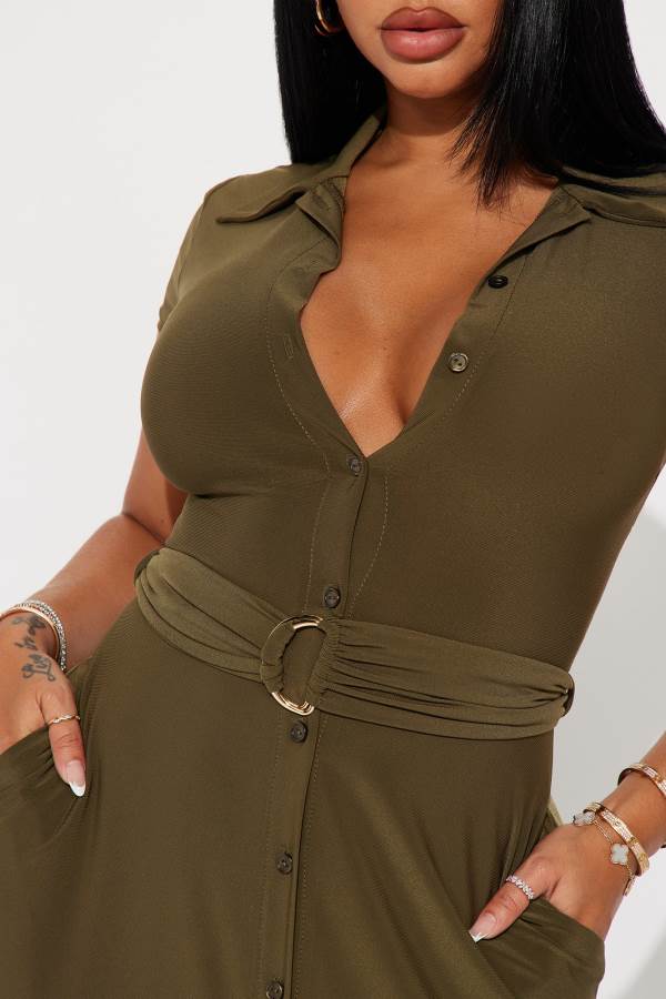 Olive Fashion Nova Elise Button Up Midi Women Dress USA | 429107TRV