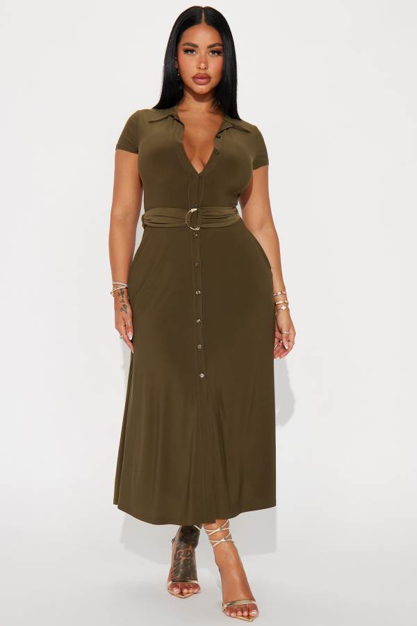 Olive Fashion Nova Elise Button Up Midi Women Dress USA | 429107TRV