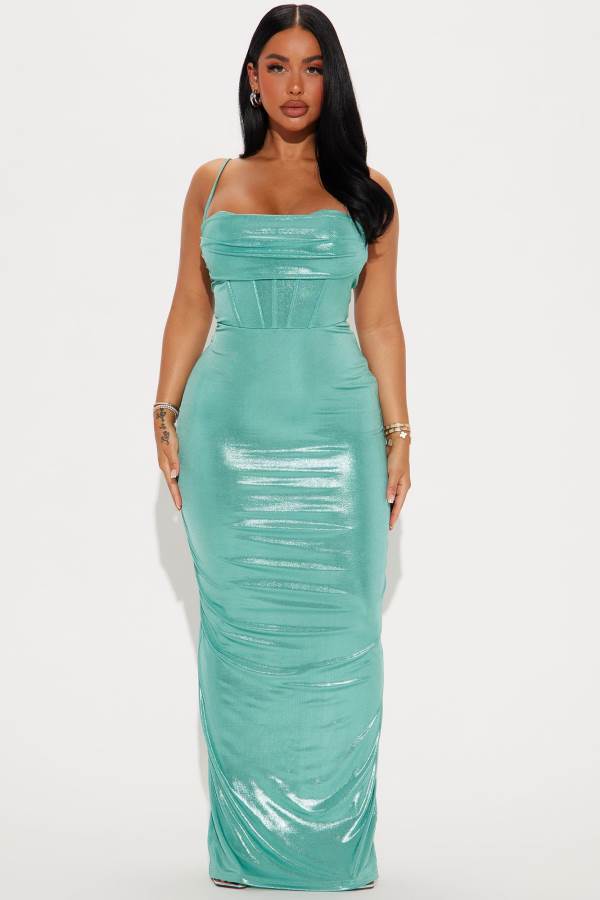 Olive Fashion Nova Georgia Metallic Maxi Women Dress USA | 036578QAO