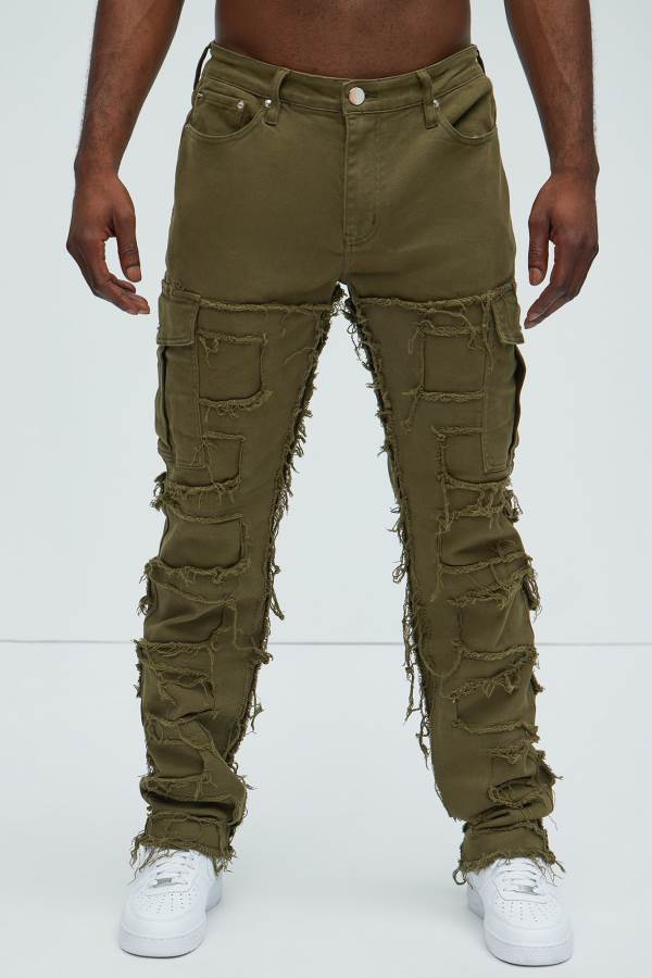 Olive Fashion Nova Got Me Distressed Cargo Straight Men Pants USA | 987120WMI