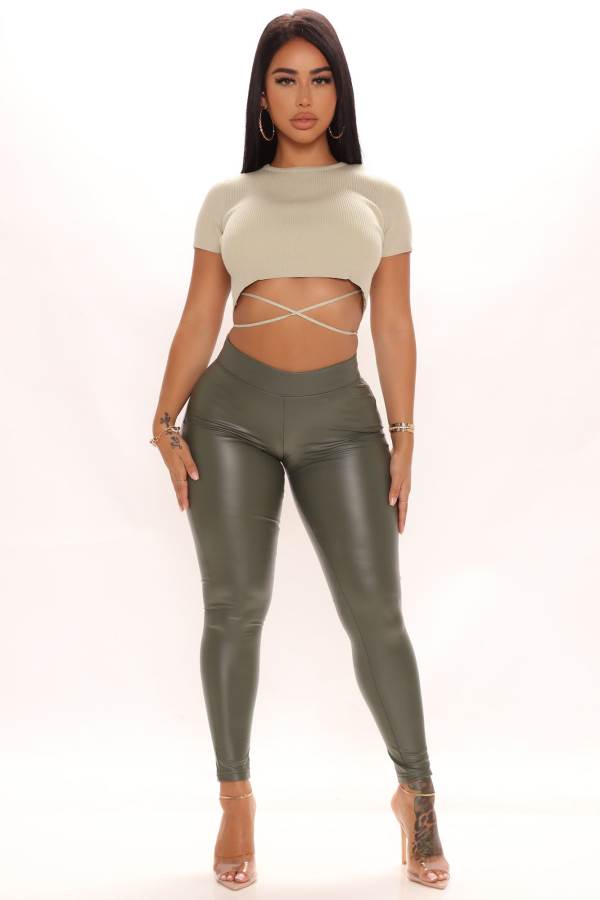 Olive Fashion Nova Liliana Faux Leather Women Leggings USA | 702563TRI