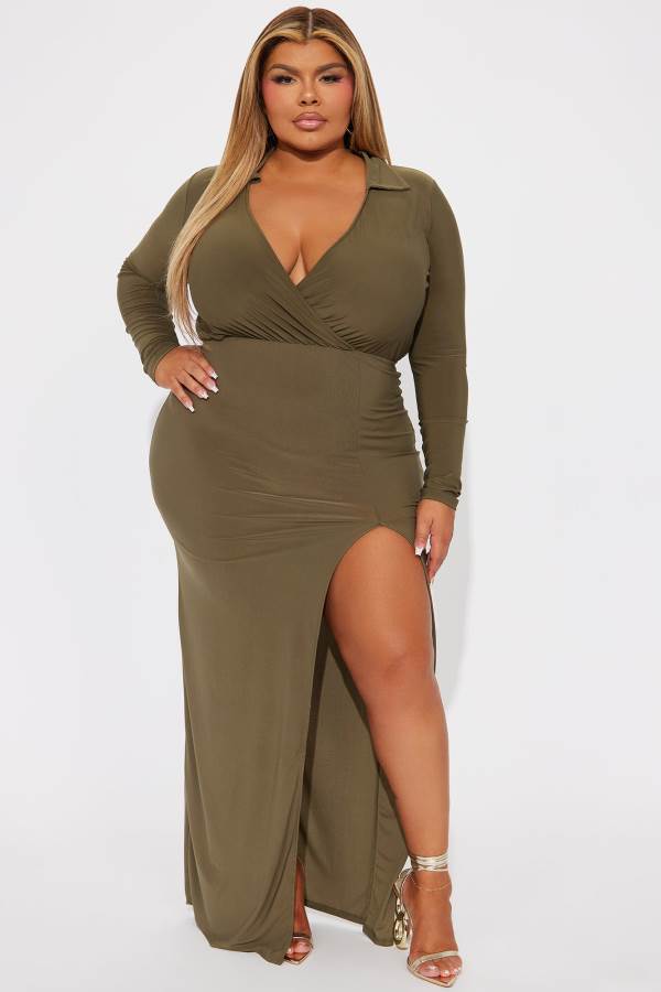 Olive Fashion Nova Marisa Collar Maxi Women Dress USA | 641508CIQ