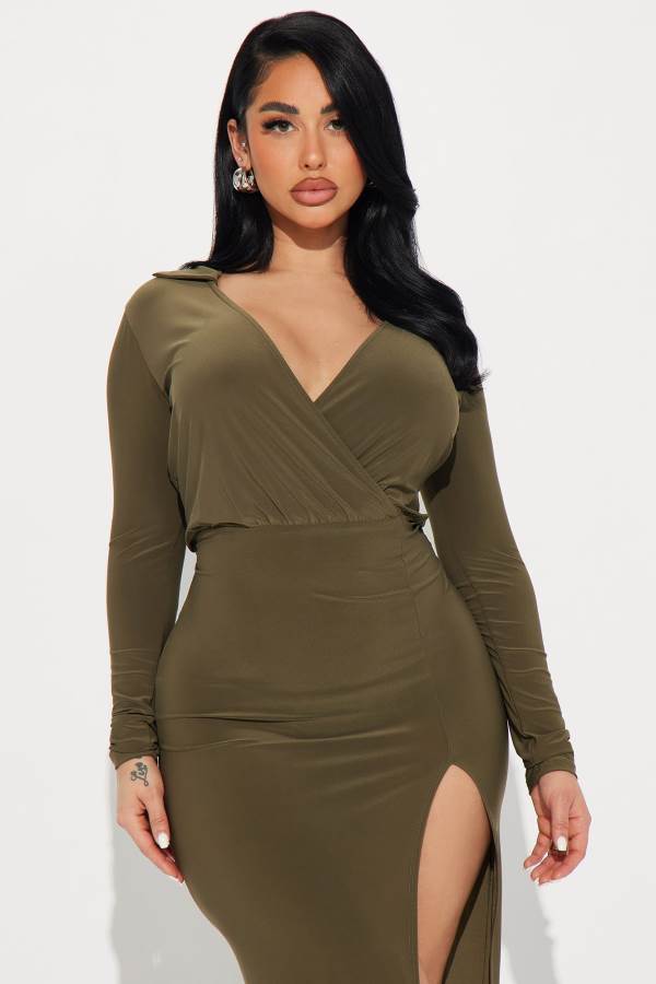 Olive Fashion Nova Marisa Collar Maxi Women Dress USA | 641508CIQ