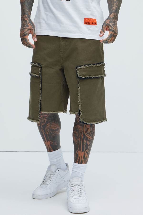 Olive Fashion Nova Murphy Raw Relaxed Cargo Denim Men Shorts USA | 270154RXV