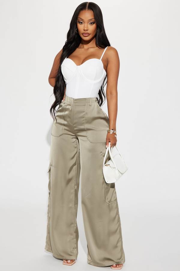 Olive Fashion Nova Pretty Girl Walk Satin Cargo Women Pants USA | 068915QYO