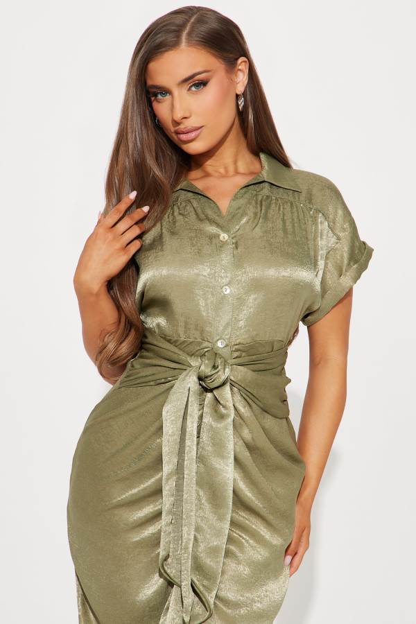 Olive Fashion Nova She Means Business Satin Midi Women Dress USA | 497216ZIV