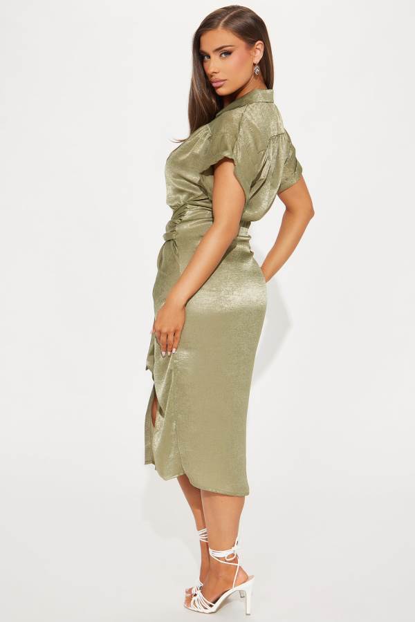 Olive Fashion Nova She Means Business Satin Midi Women Dress USA | 497216ZIV