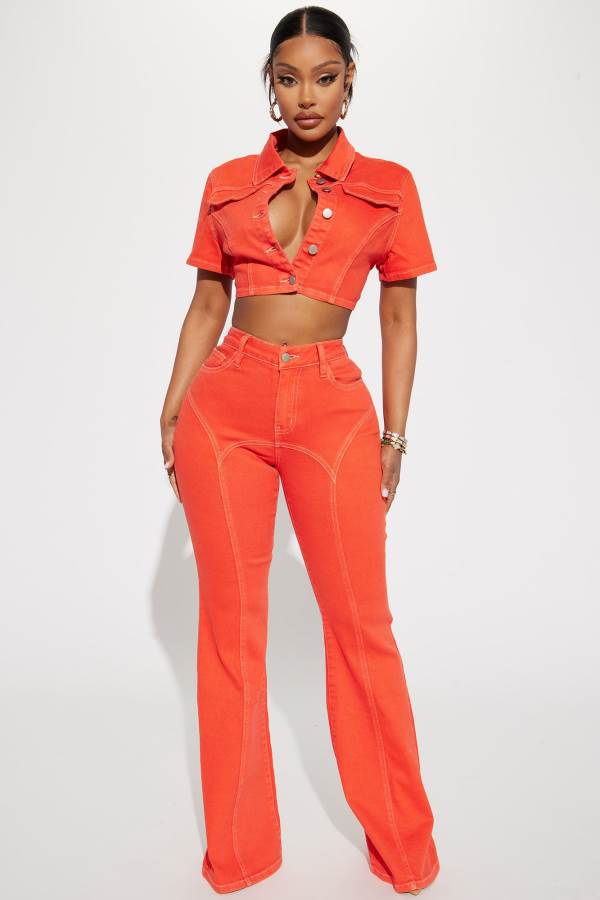 Orange Fashion Nova All Fired Up Mid Rise Flare Women Jeans USA | 937452AZB