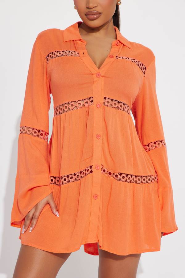 Orange Fashion Nova Breezy Paradise Linen Circle Cover Up Shirt Women Dress USA | 127596CWQ