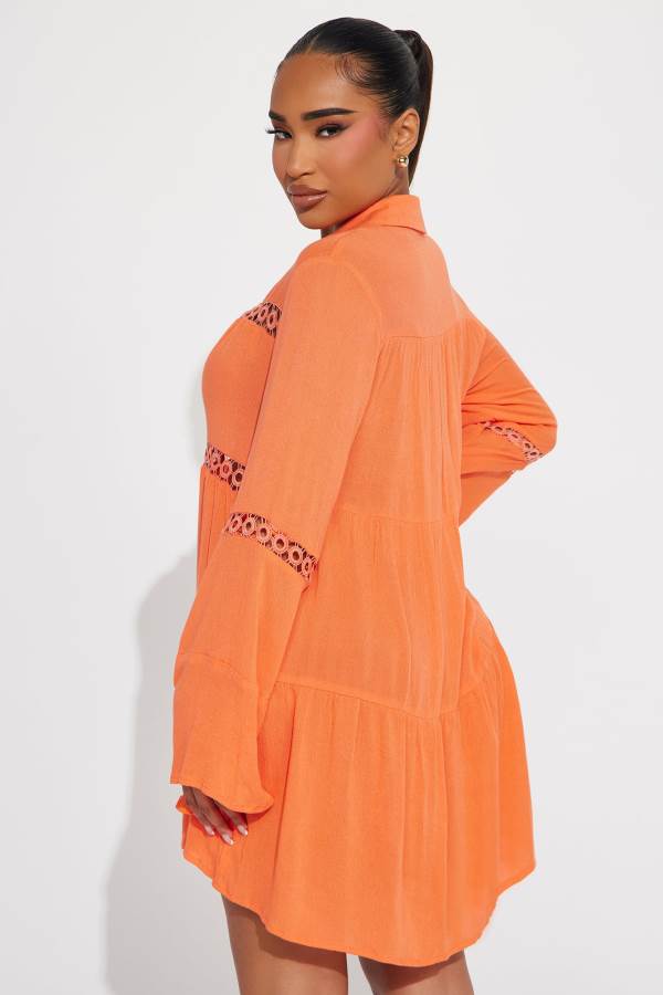 Orange Fashion Nova Breezy Paradise Linen Circle Cover Up Shirt Women Dress USA | 127596CWQ