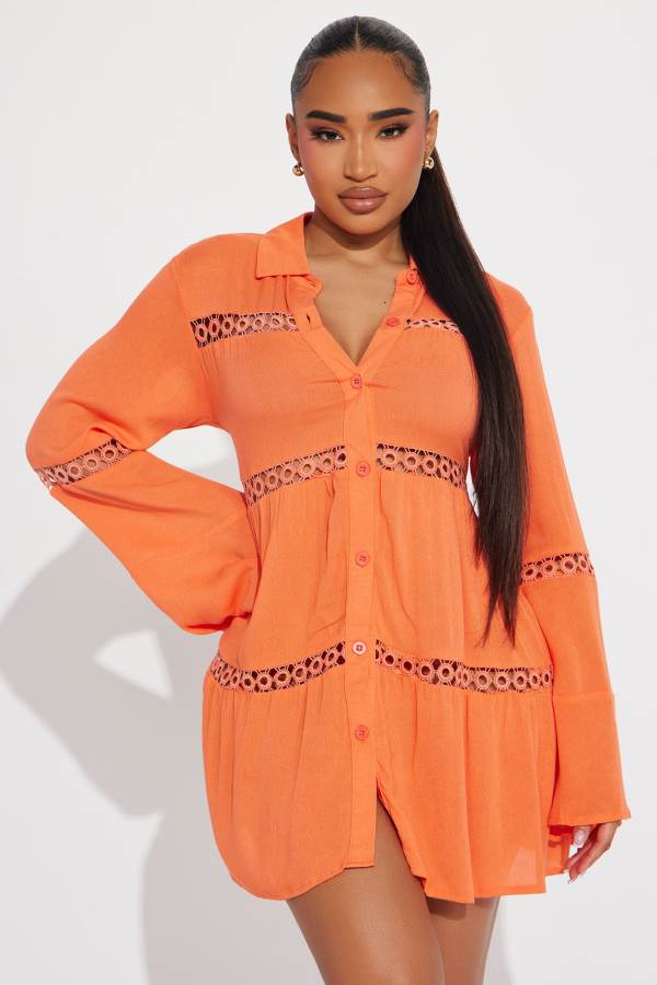 Orange Fashion Nova Breezy Paradise Linen Circle Cover Up Shirt Women Dress USA | 127596CWQ