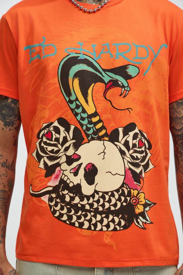 Orange Fashion Nova Ed Hardy Rose Cobra Short Sleeve Men T-Shirt USA | 206387XSZ