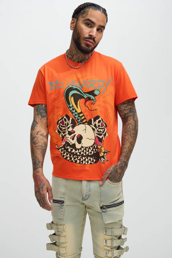 Orange Fashion Nova Ed Hardy Rose Cobra Short Sleeve Men T-Shirt USA | 206387XSZ