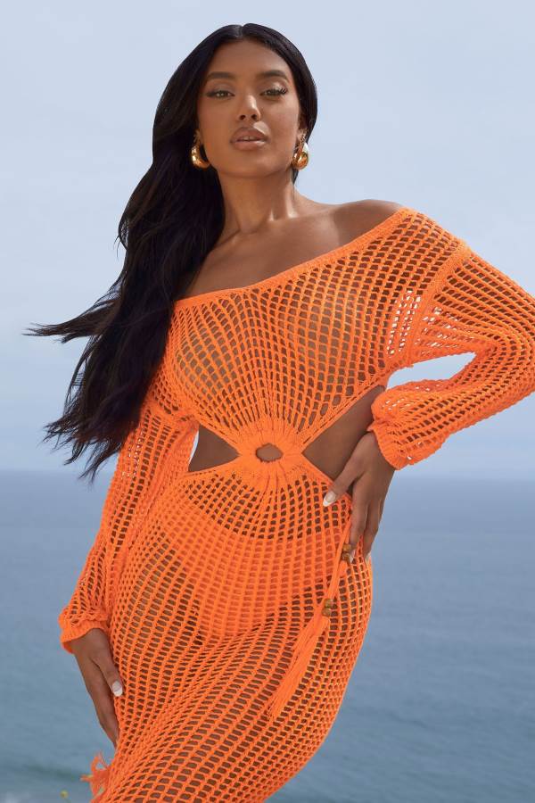 Orange Fashion Nova Leah Crochet Maxi Women Dress USA | 390548NHU