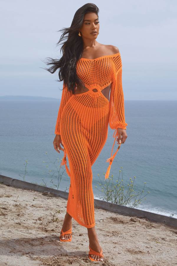 Orange Fashion Nova Leah Crochet Maxi Women Dress USA | 390548NHU