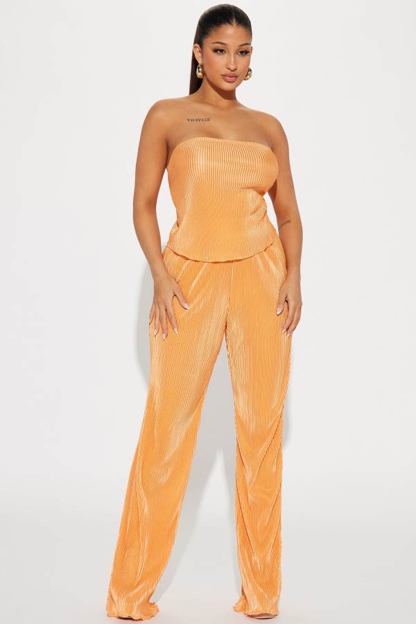 Orange Fashion Nova Madelynn Plisse Pant Set Women Pants USA | 540691JQY