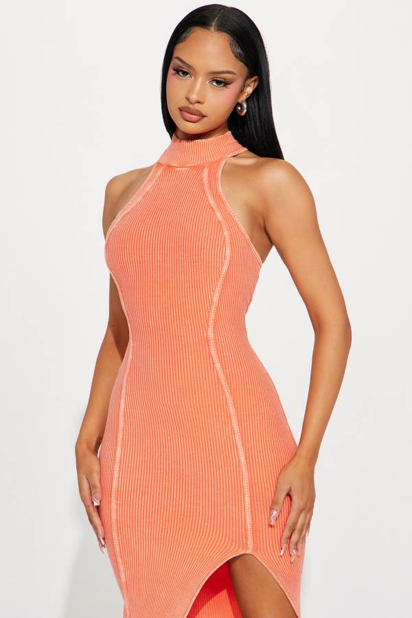 Orange Fashion Nova Shyla Ribbed Midi Women Dress USA | 507249MDB