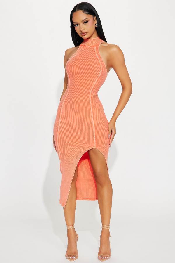 Orange Fashion Nova Shyla Ribbed Midi Women Dress USA | 507249MDB